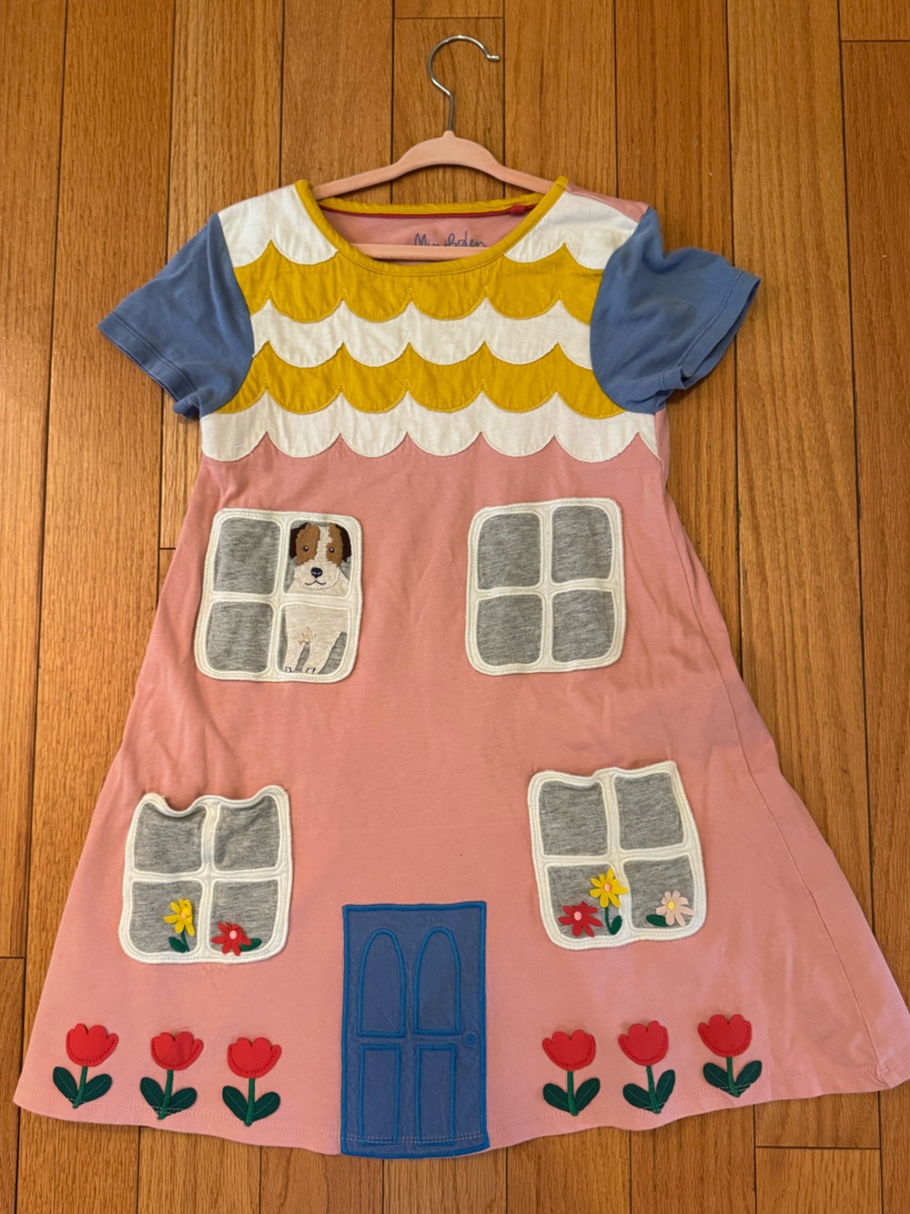 Mini Boden Pink House Appliqué Dress with Blue Sleeves, Size 6/7